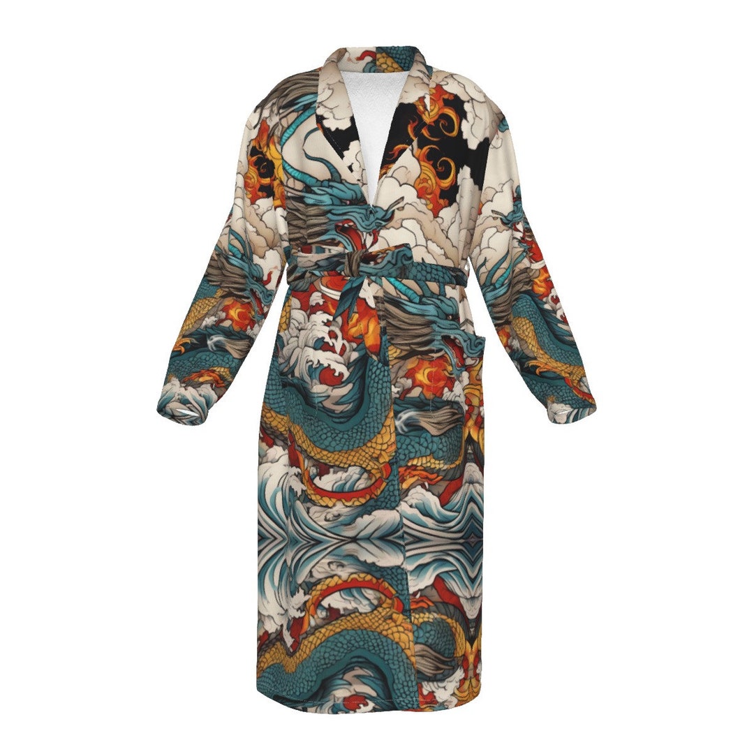 Dragon Robe Lounge Hooded Bathrobe Long Robe Twin Dragons Asian Chinese ...