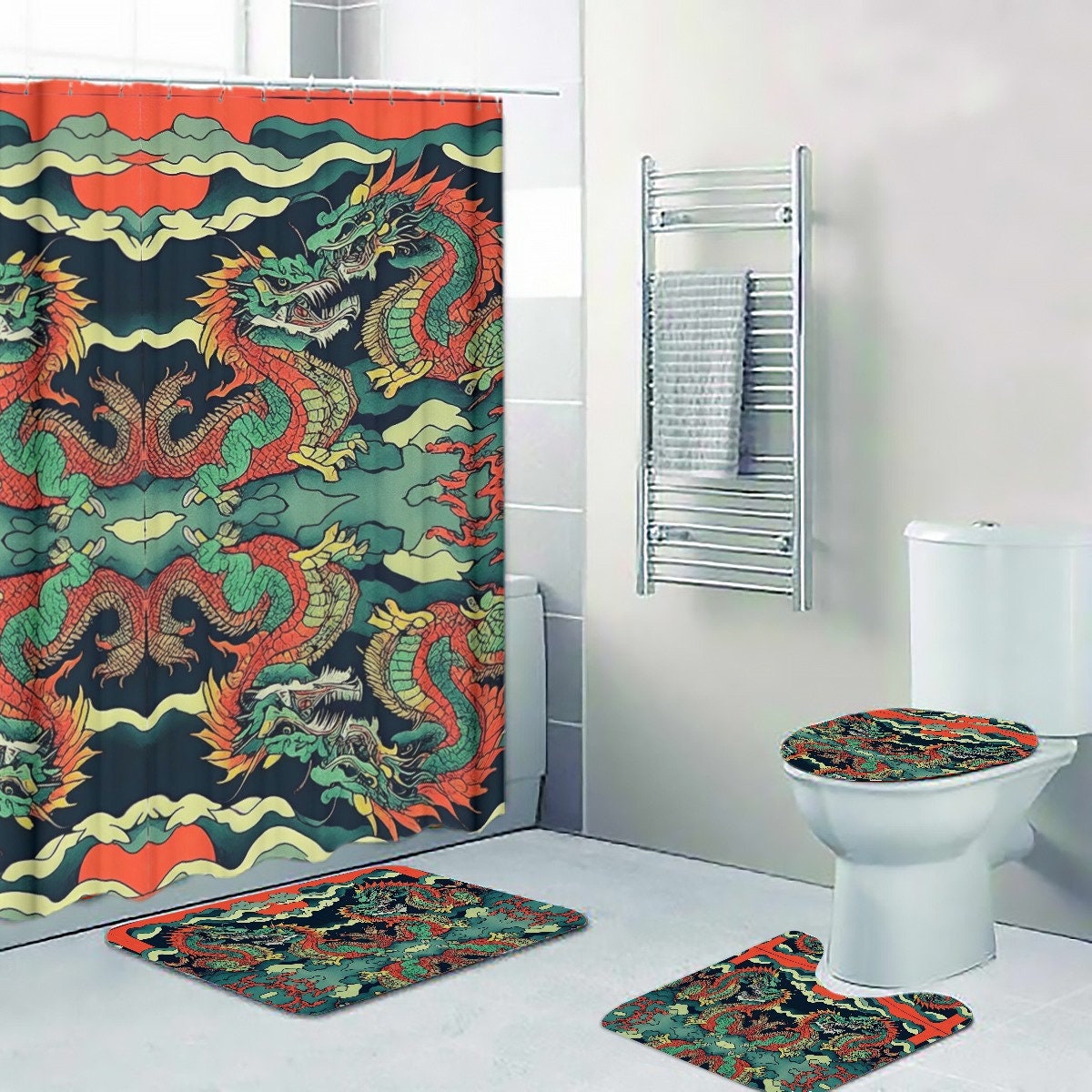Dragon Ancient Chinese Bathroom Decor Shower Curtain Bath Mat Set