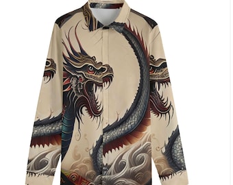 Camisa de vestir de algodón 100 % con diseño de dragón, manga larga, botones, para hombre, estilo chino, talla grande, alta costura, estilo vintage, asiático, japonés, oriental.