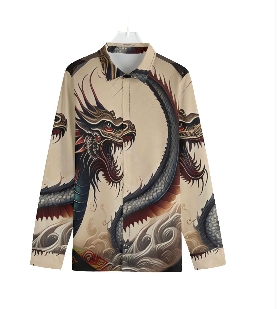 Dragon 100% Cotton Dress Shirt Long Sleeve Button Down Men's Chinese Gift Big Tall Luxury Couture Button Up Vintage Asian Japanese Oriental