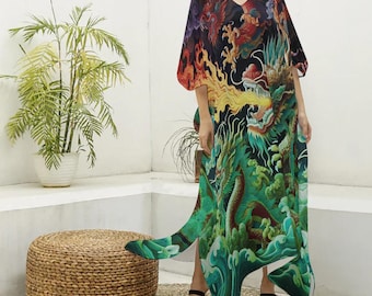 green dragon maxi dress Giffniseti Chinese Dragon & Tropical Print Split Thigh Dress