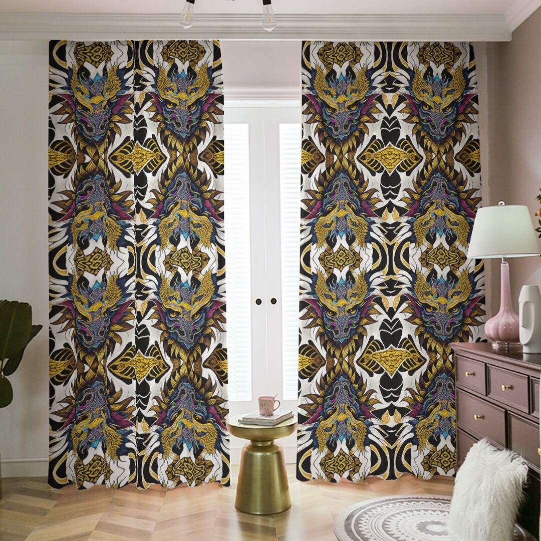 Baroque Gold Dragon Black Out Curtains Oriental Asian Chinese Dragons ...