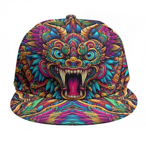 May include: A baseball cap with a striking dragon design in a kaleidoscope of colours. The cap's design features a detailed dragon's face, with shades of blue, purple, yellow, and pink. The dragon's open mouth and sharp teeth are clearly visible.
