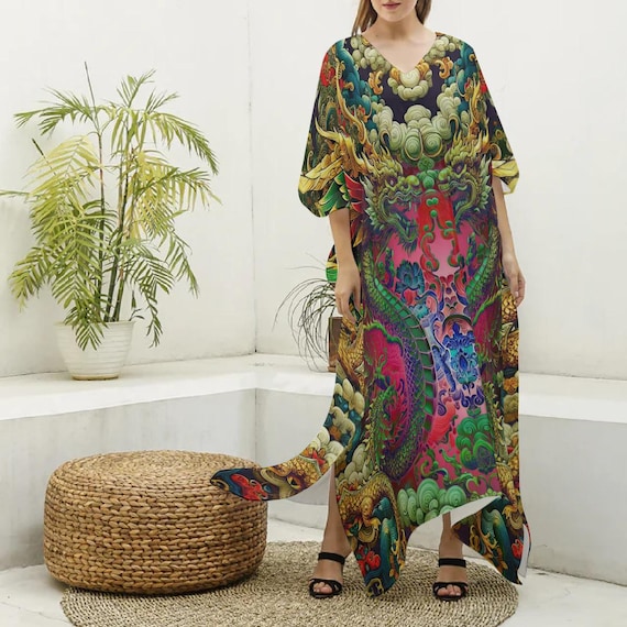 Green Dragon Kaftan Caftan Long Maxi Dress Hostess Hippie Festival Oriental Asian Japan Bohemian Exotic Cocktail New Age Tunic Rave Outfit