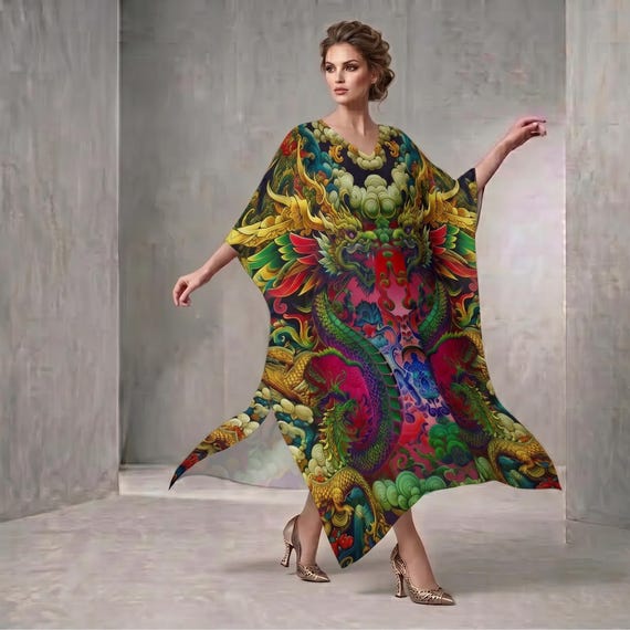 Green Dragon Kaftan Caftan Long Maxi Dress Hostess Hippie Festival Oriental Asian Japan Bohemian Exotic Cocktail New Age Tunic Rave Outfit