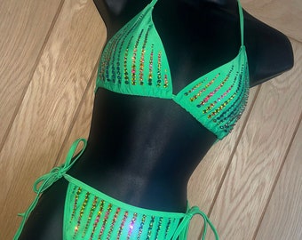 Handmade Fully Rhinestoned Green Bikini with Free Matching Fan