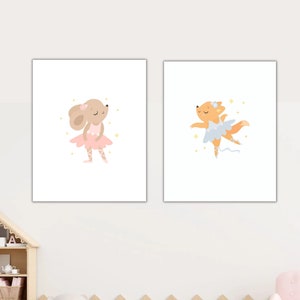 Mouse and Fox Ballet : affiches numériques fantaisistes, petites filles ballerines, amoureux des animaux
