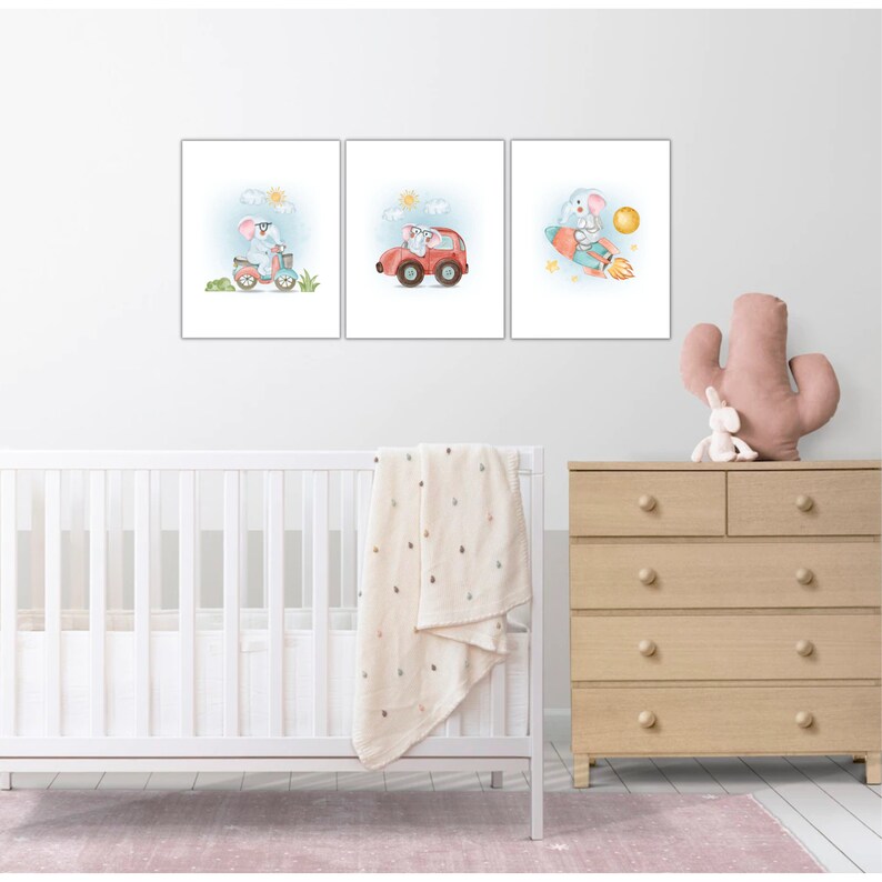 Joyful Wall Art Set of 3 Playful Elephant Nursery Decor Boy Gift Etsy