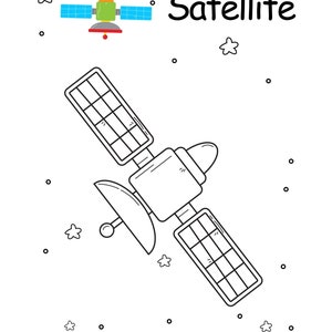 May include: A black and white illustration of a satellite with solar panels, a dish, and the word "Satellite" in black text. The satellite is surrounded by small stars and dots, with a smaller, colored satellite at the top.