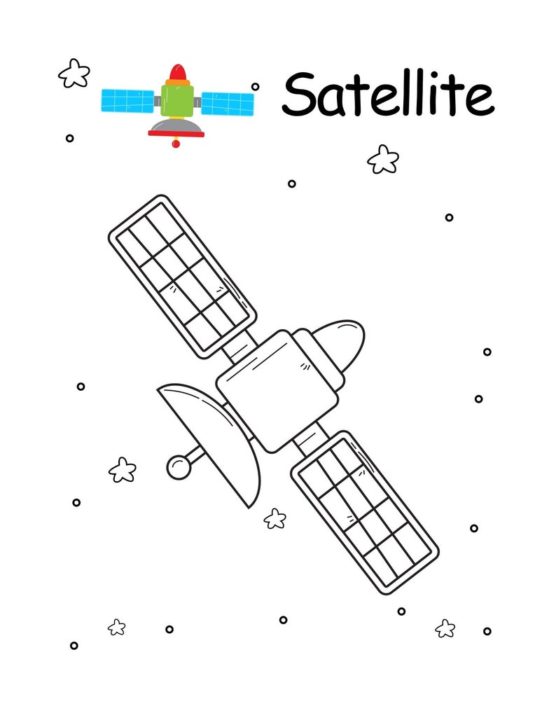 May include: A black and white illustration of a satellite with solar panels, a dish, and the word "Satellite" in black text. The satellite is surrounded by small stars and dots, with a smaller, colored satellite at the top.