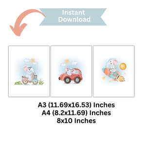 Joyful Wall Art Set Of 3 Playful Elephant Nursery Decor Boy Gift