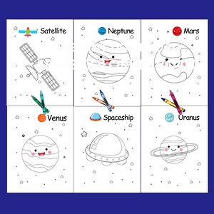 May include: A set of six coloring pages featuring space-themed illustrations. Each page displays a different celestial object, including a satellite, Neptune, Mars, Venus, a spaceship, and Uranus, with accompanying crayons.