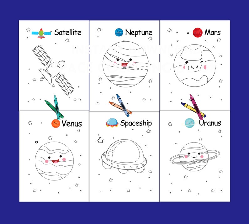 May include: A set of six coloring pages featuring space-themed illustrations. Each page displays a different celestial object, including a satellite, Neptune, Mars, Venus, a spaceship, and Uranus, with accompanying crayons.
