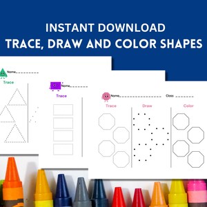 May include: Printable worksheet for kids to trace, draw, and color shapes. The worksheet features a triangle, rectangle, and octagon. The worksheet includes a space for the child's name and class.