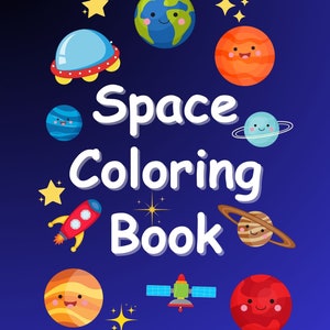 May include: A children's coloring book cover with the title "Space Coloring Book" in white text. The cover features cartoon illustrations of planets, stars, a rocket ship, a satellite, and a UFO against a dark blue background.