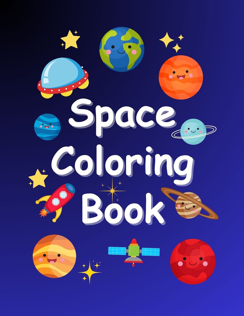 May include: A children's coloring book cover with the title "Space Coloring Book" in white text. The cover features cartoon illustrations of planets, stars, a rocket ship, a satellite, and a UFO against a dark blue background.