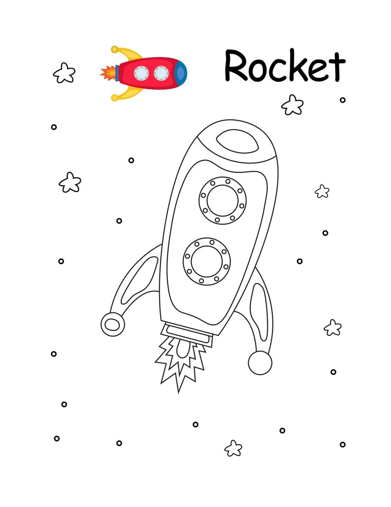 May include: A black and white line drawing of a rocket ship with the word "Rocket" above it. The rocket has two portholes and a flame coming out of the bottom. There are stars and a small red, yellow, and blue rocket in the image.
