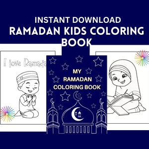 May include: A black and white coloring book with illustrations of children celebrating Ramadan. The cover features a mosque, stars, and the text "My Ramadan Coloring Book".