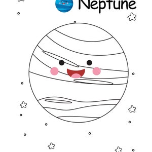 May include: A cartoon illustration of the planet Neptune with a smiling face, pink cheeks, and a red mouth. The planet is striped with white lines. The word "Neptune" is written in black above the planet, with stars and dots scattered around.