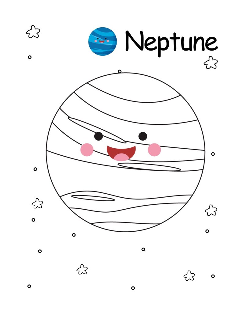 May include: A cartoon illustration of the planet Neptune with a smiling face, pink cheeks, and a red mouth. The planet is striped with white lines. The word "Neptune" is written in black above the planet, with stars and dots scattered around.