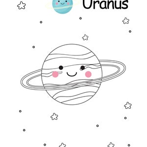 May include: A cartoon illustration of the planet Uranus with a smiling face, pink cheeks, and a ring. The word "Uranus" is written in black. Small stars and dots are scattered around the planet on a white background.