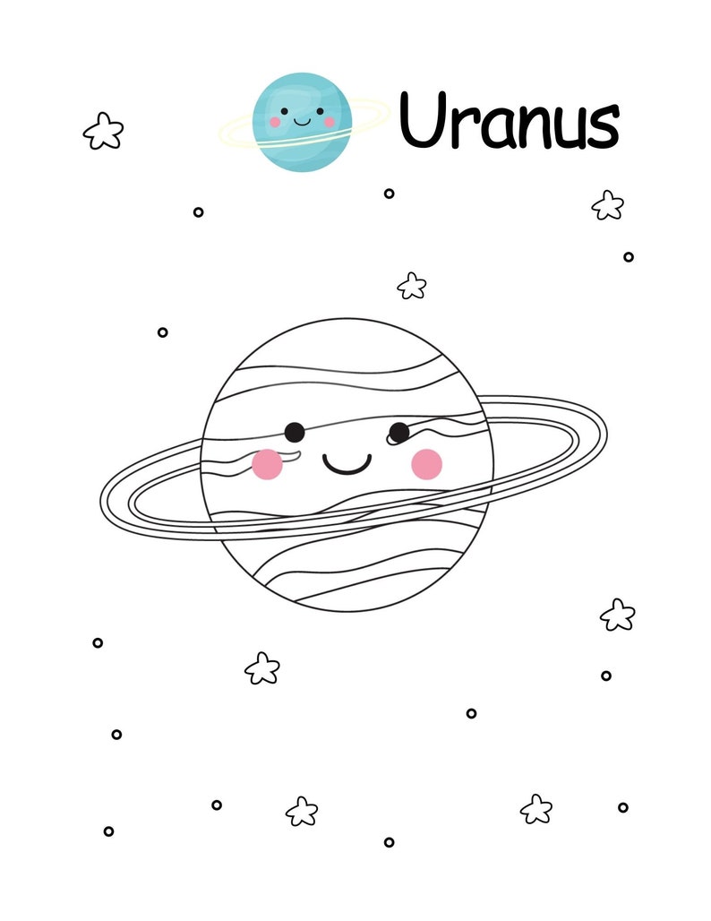 May include: A cartoon illustration of the planet Uranus with a smiling face, pink cheeks, and a ring. The word "Uranus" is written in black. Small stars and dots are scattered around the planet on a white background.