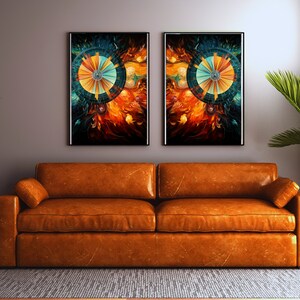 May include: Two framed abstract art prints with a circular design in shades of blue, orange, and yellow. The prints are set against a brown leather sofa and a green plant in a black pot.
