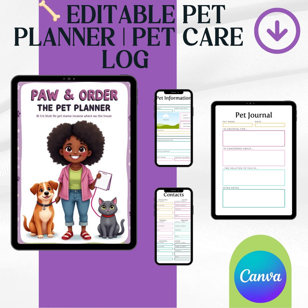 Editable Pet Planner | Pet Care Log | Digital Pet Journal | Pet Sitter ...