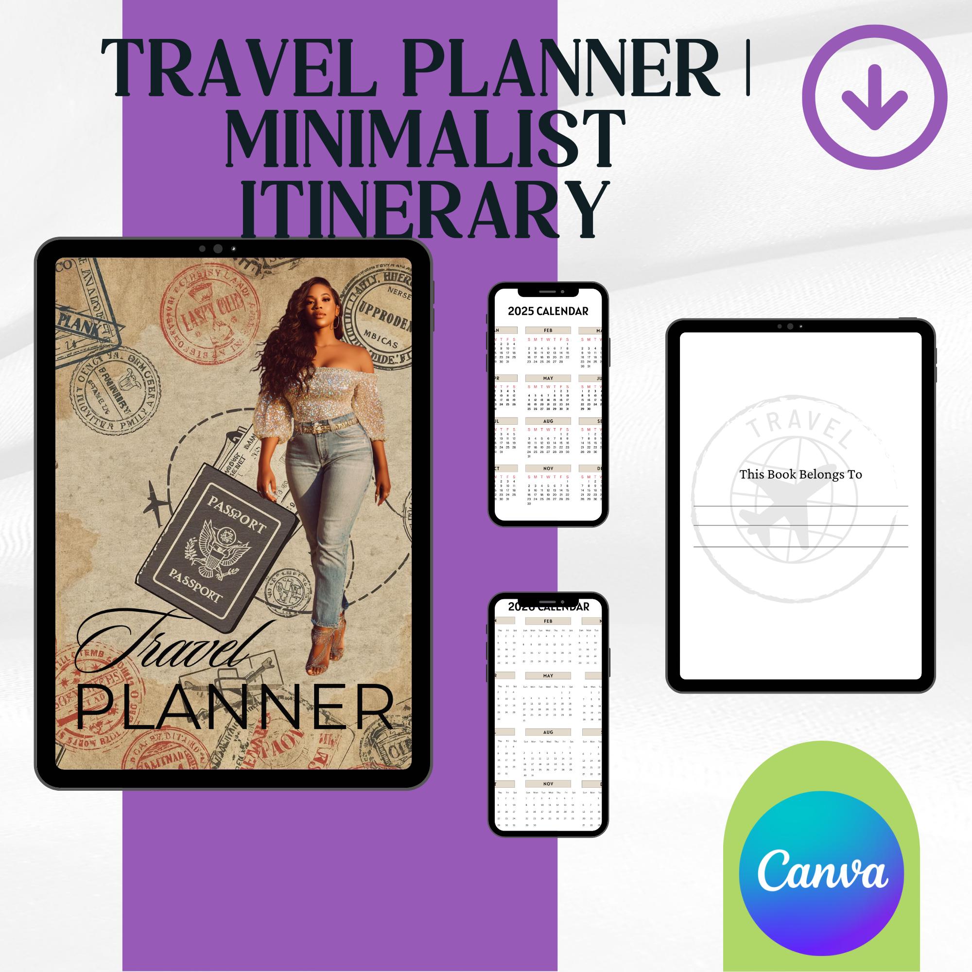 store product block Travel Planner 2025 2026 Printable PDF | Minimalist Canva Itinerary Organizer | Packing Lists, Budget Tracker & Travel Journal poster