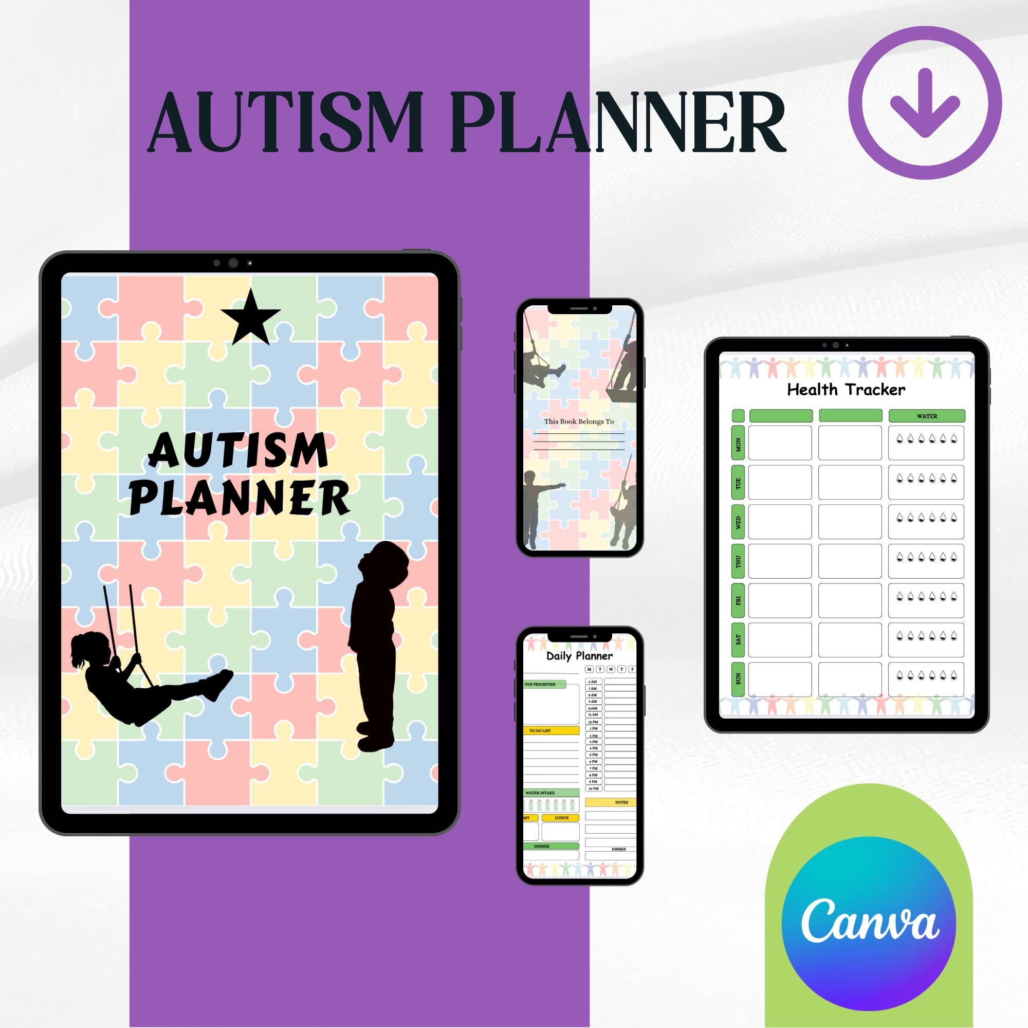store product block Autism Planner Printable and Digital PDF Daily Routine Food Tracker Self-Care Therapy Logs poster