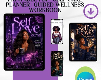 May include: A digital self-love journal printable PDF, self-care planner, and guided wellness workbook displayed on tablets and a smartphone. The covers feature purple-toned illustrations of people, cityscapes, and text reading Self Love Journal.