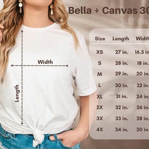 May include: Size chart for Bella + Canvas 3001 t-shirts, showing measurements in inches for XS, S, M, L, XL, 2X, 3X, and 4X sizes. The chart shows the length and width of each size.