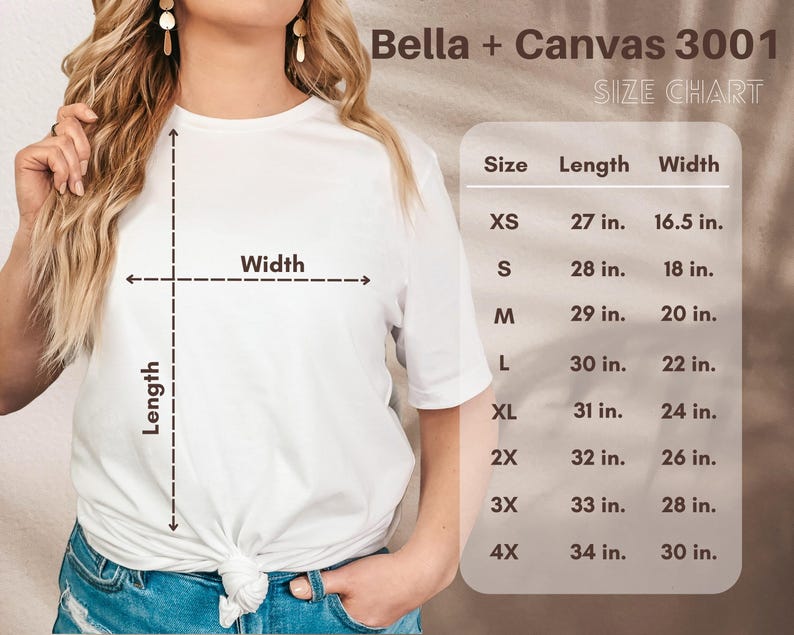 May include: Size chart for Bella + Canvas 3001 t-shirts, showing measurements in inches for XS, S, M, L, XL, 2X, 3X, and 4X sizes. The chart shows the length and width of each size.