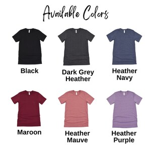 May include: Six t-shirts in different colors, including black, dark grey heather, heather navy, maroon, heather mauve, and heather purple.  Available Colors.