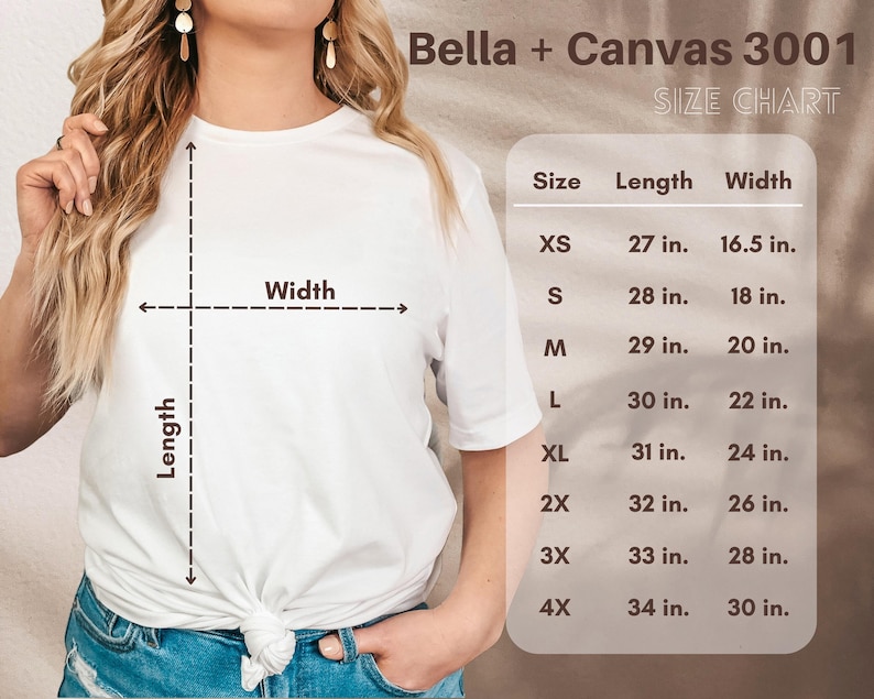 Peut inclure: Tableau des tailles pour les t-shirts Bella + Canvas 3001, indiquant les mesures en pouces pour la longueur et la largeur des tailles XS &agrave; 4X.