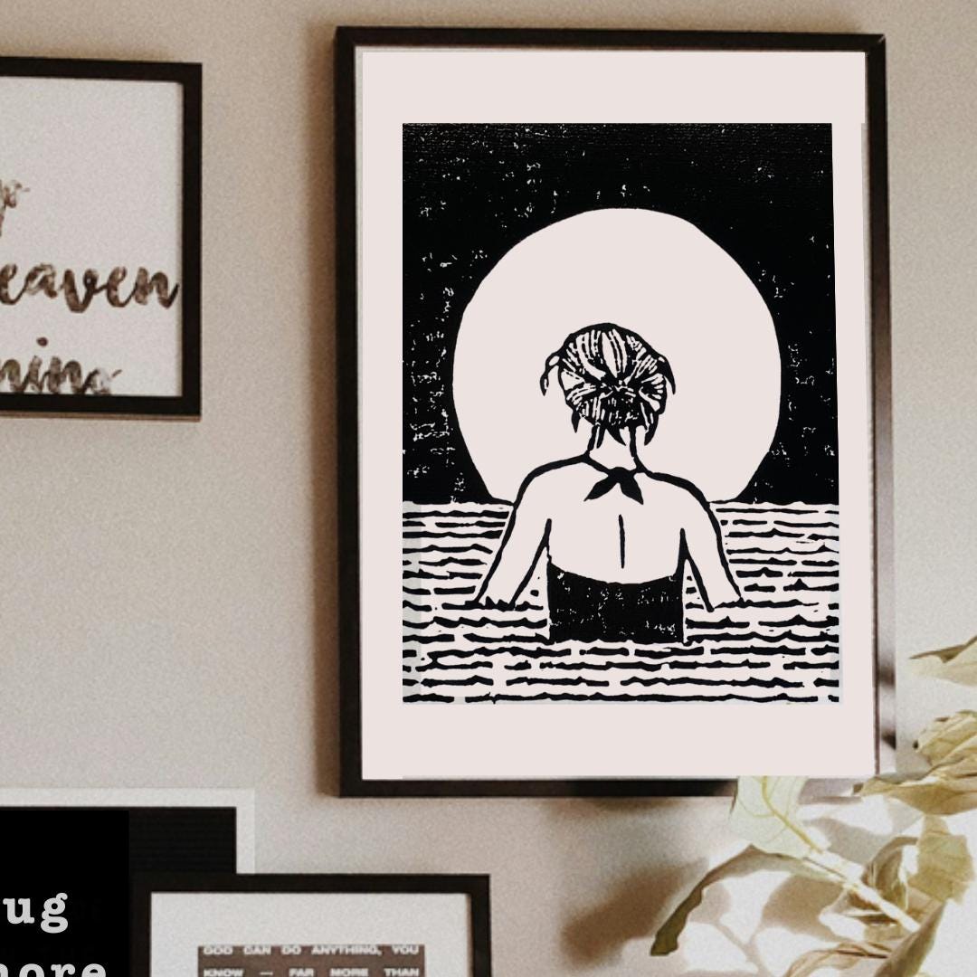 Full Moon Swim // Original Linocut Print // Limited Edition // Wall Art ...