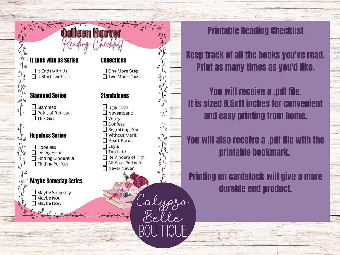 Colleen Hoover Reading Checklist Printable / Colleen Hoover - Etsy