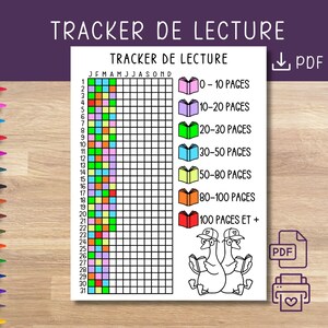 May include: A reading tracker with the title "TRACKER DE LECTURE" in purple. The tracker includes a grid for tracking pages read, with color-coded sections for different page ranges. A set of colored pencils are on the left.