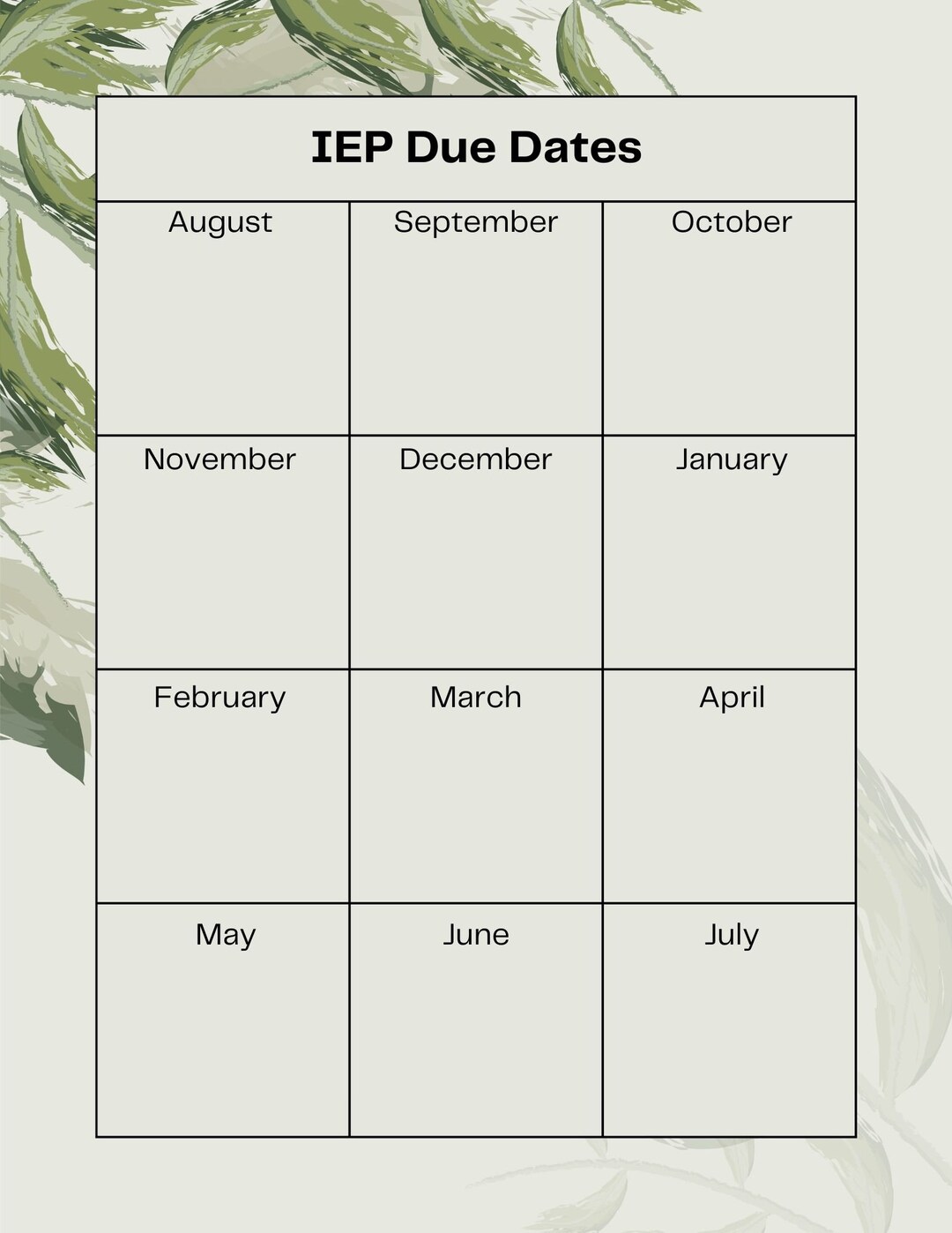 Special Education Due Date Calendars With Greenery Etsy