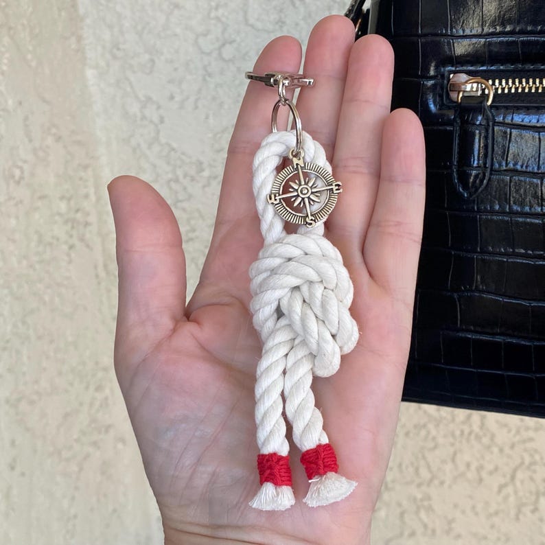 Nautical bag charm, Stylish bag charm for purse, Purse accessories, Nautical knot keychain. overhand knot red