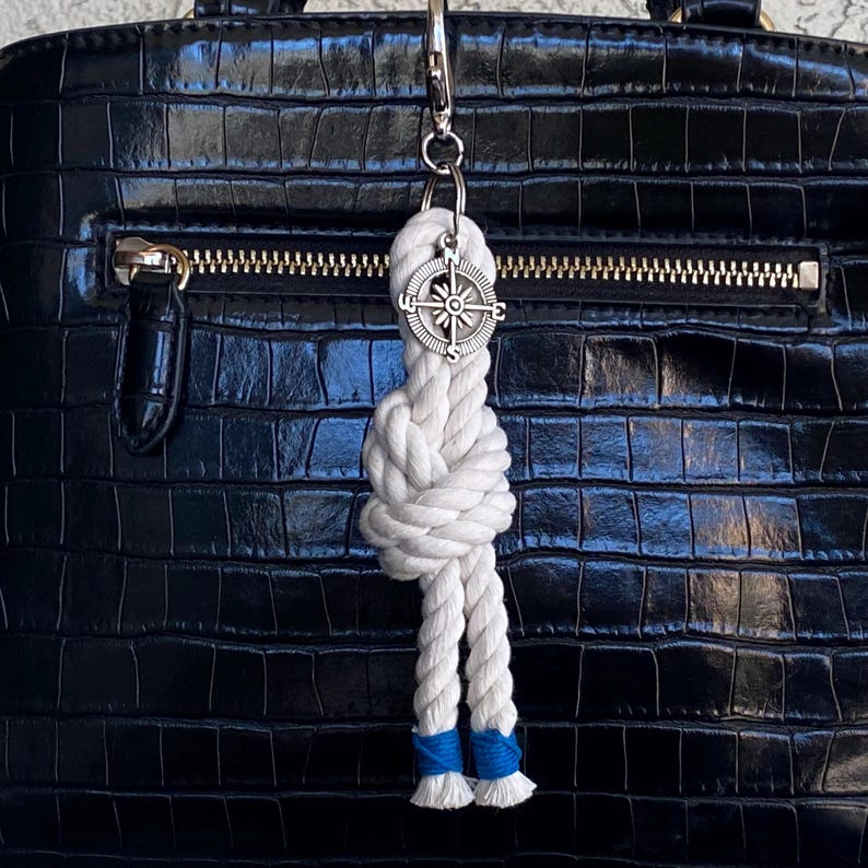 Nautical bag charm, Stylish bag charm for purse, Purse accessories, Nautical knot keychain. overhand knot blue