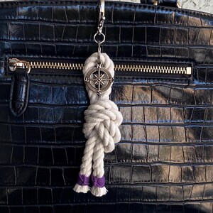 Nautical bag charm, Stylish bag charm for purse, Purse accessories, Nautical knot keychain. overhand knot purple