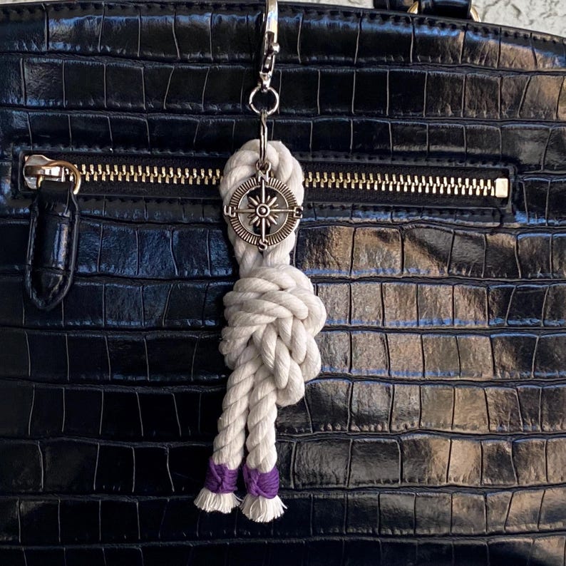 Nautical bag charm, Stylish bag charm for purse, Purse accessories, Nautical knot keychain. overhand knot purple