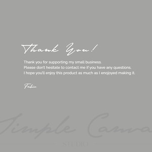 K&ouml;nnte beinhalten: Ein grauer Hintergrund mit wei&szlig;er Schrift, die "Thank You!" liest, gefolgt von einer Dankesbotschaft und Kontaktinformationen. Der Name "Fabio" ist unter der Nachricht unterschrieben. Die Worte "Simple Canvas Studio" stehen unten.