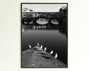 Impresión en blanco y negro, Arte mural de Florencia, Impresión de Italia, Ponte vecchio, Impresión minimalista, Arte de pared imprimible