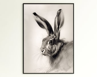Impresión de arte de conejo IMPRIMIBLE, arte de pared de dibujo a lápiz de conejo, dibujo de animales, cartel de vida silvestre DESCARGA INSTANTE
