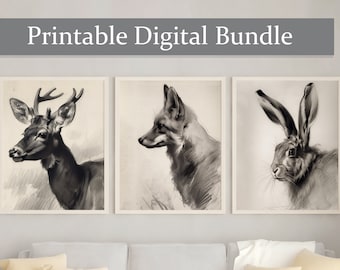 DRUCKBARE Kaninchen Hirsch Fuchs Wand Art Print 3er Set, Bleistift Zeichnung, Herbst Herbst Wandkunst, Wald Tier Skizze Poster Instant Download