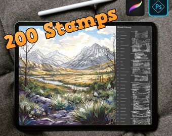 200 Procreate landscape Stamp Brushes, landscape Digital Stamps, Photoshop Stamps Digital Download