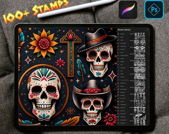100+ Day of the Dead Procreate Stamps ~ Sugar Skulls ~ Dia De Los Muertos & photoshop brushes