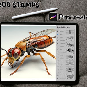 May include: A digital illustration of a wasp with orange and black stripes on its body and clear wings. The image is displayed on a tablet screen with the Procreate app open and a list of brush libraries. The text "200 STAMPS" is displayed at the top of the image.